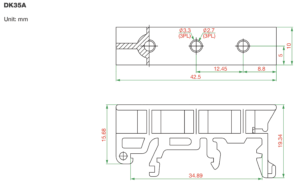 DK35A Technical Drawing - APulsar Technologies MOXA DK35A DIN-rail mounting adapter technical drawing specifications - dimensions, hole spacing 12.45mm, Ø3.3mm Ø2.7mm holes, 34.89mm DIN-rail clearance, industrial mounting solution