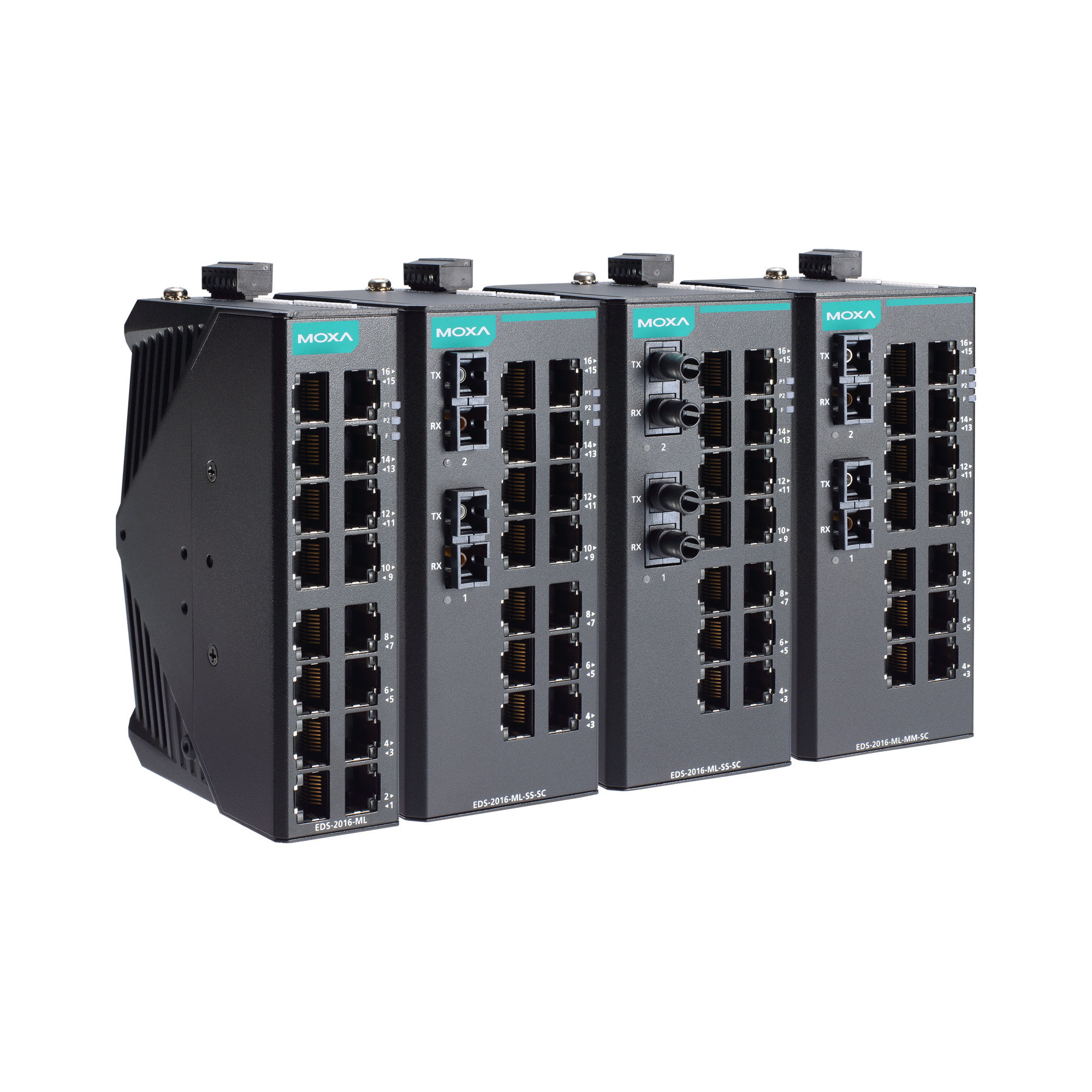 Moxa EDS-2016 Series industrial Ethernet switch portfolio, 16-port unmanaged switch with rugged DIN-rail design