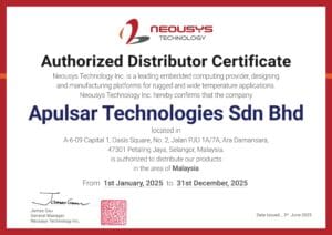 Neousys Official Distributor Certificate for Malaysia – APulsar Technologies, 2025 year