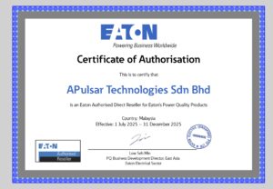 Photo of the Certificate of Authorisation - APulsar Technologies is an authorised direct reseller of Eaton in Malaysia