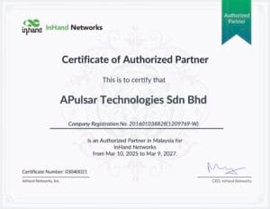 InHand Official Distributor Certificate for Malaysia – APulsar Technologies, 2025-2027 years