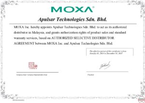 Moxa Official Distributor Certificate for Malaysia - APulsar Technologies, 2024-2025 years