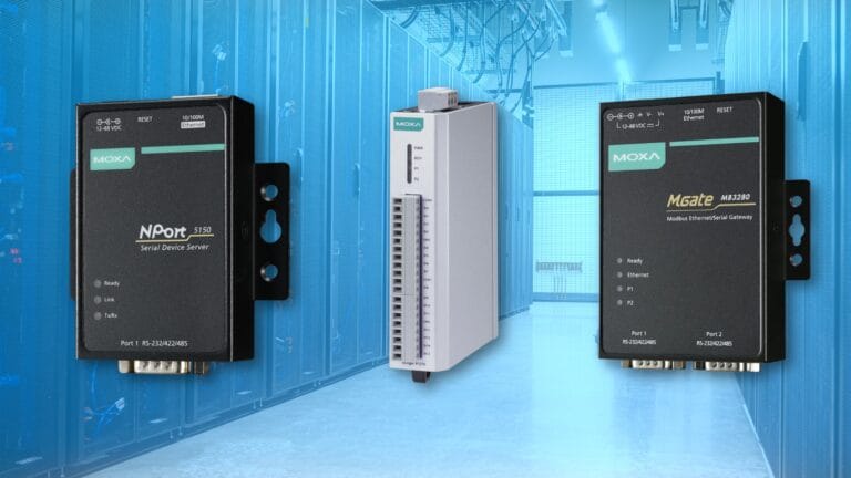 MOXA NPort 5150, ioLogik R1210, and MGate MB3280 representing product portfolio of MOXA serial devices for Power and Energy Solutions