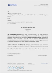 Authorisation Letter from Teltonika Energy confirming that APulsar is a sole Teltonika distributor in Malaysia for 2026