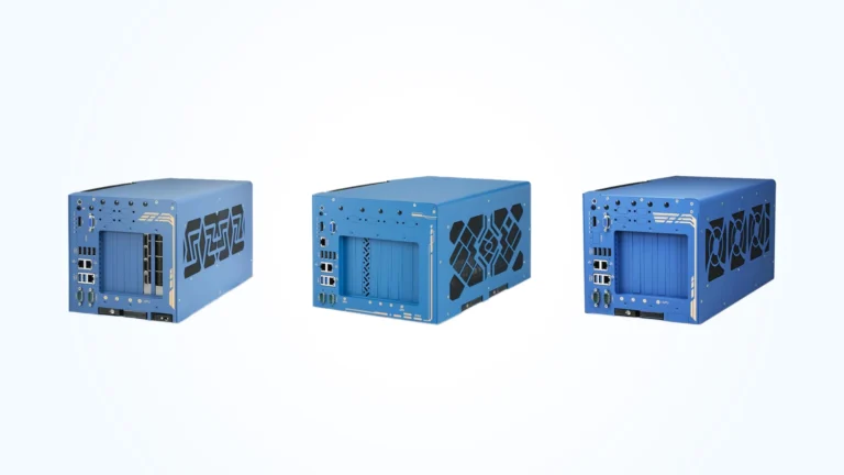 Three blue server enclosures arranged in a row against a light background, showing front/rear panels with slots and connectors. While facing the units, each has visible cooling vents and PCIe-like slots.