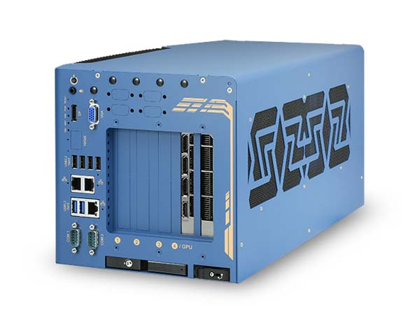 Blue GPU server/workstation with multiple PCIe slots and rear I/O panel, used for high-performance computing.