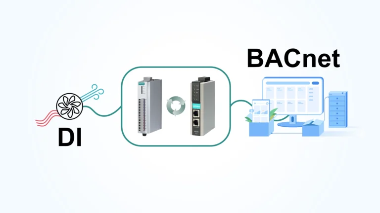 Schematic representation of HVAC DI Outputs integration to BACNet BMS via MOXA devices. Website Banner.