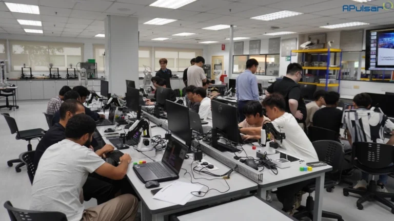 Monash University Students configuring educational robots at the Dobot Training hosted by APulsar Technologies