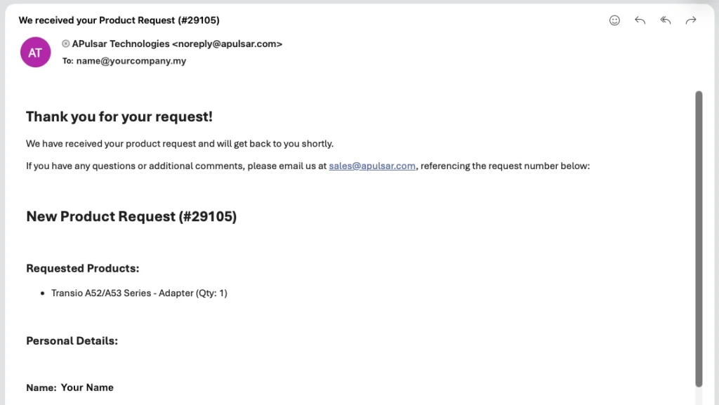 Demonstration of a confirmation e-mail with order number from APulsar